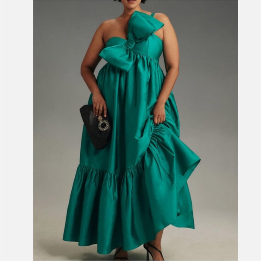 Anthropologie Atsu Sally Bow Dress Ruffle Turquoise Green Size S